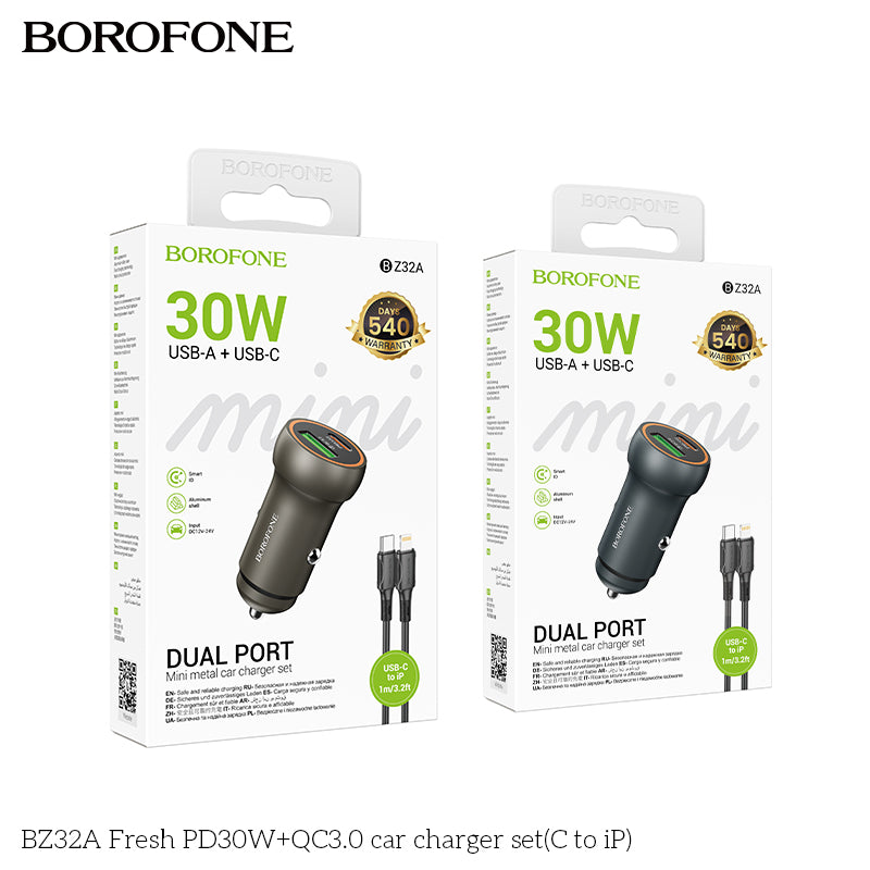 BZ32A Fresh 30W PD + QC3.0 Fast Car Charger Set with USB-C to iPhone Cable