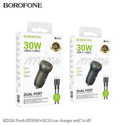 BZ32A Fresh 30W PD + QC3.0 Fast Car Charger Set with USB-C to iPhone Cable