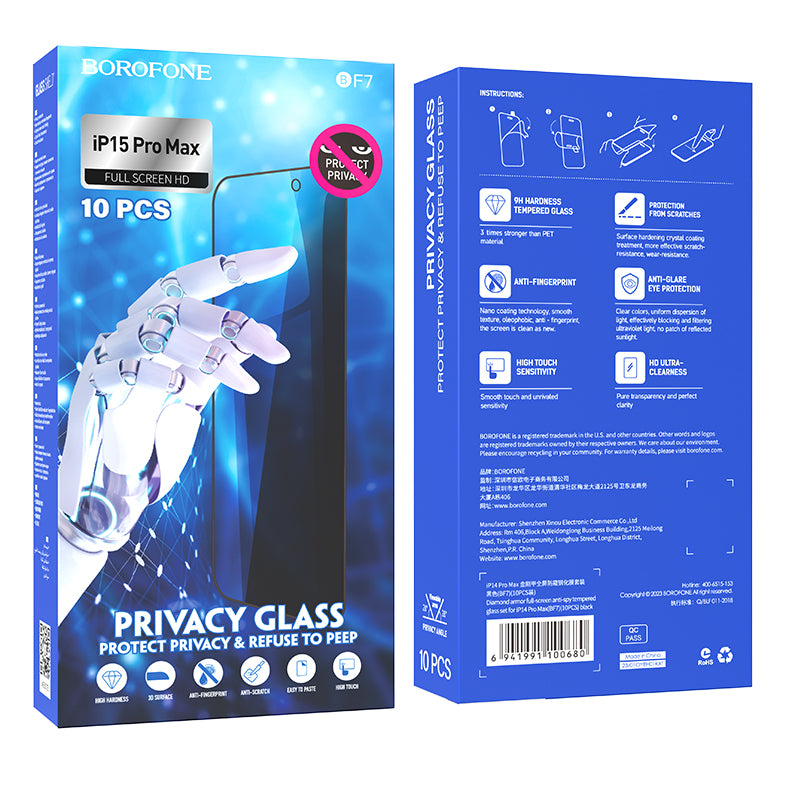 Diamond Armor Anti-Spy Tempered Glass for iPhone 15 Pro Max (10PCS) – Full Screen Protector Set