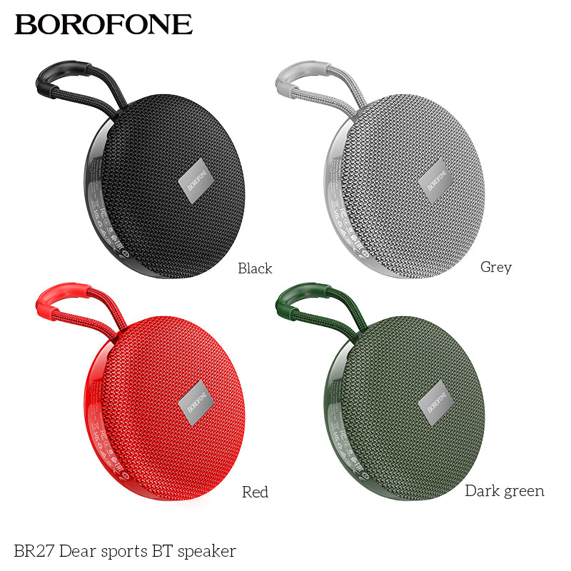 BOROFONE BR27 Dear sports BT speaker in black, grey, red, and dark green