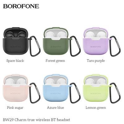 Various colors of Borofone wireless BT headset cases with carabiners