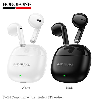 BOROFONE wireless earbuds in white and black with charging cases 