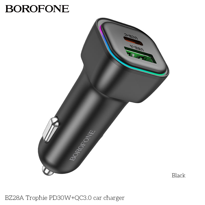 BZ28A Trophie 30W PD + QC3.0 Fast Car Charger – Dual USB Car Adapter for iPhone & Android