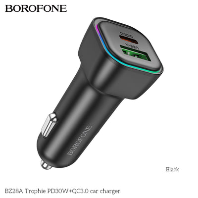 BZ28A Trophie 30W PD + QC3.0 Fast Car Charger – Dual USB Car Adapter for iPhone & Android