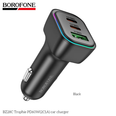 BZ28C Trophie 60W PD Fast Car Charger (2C1A) – Triple Port USB Car Adapter for iPhone & Android
