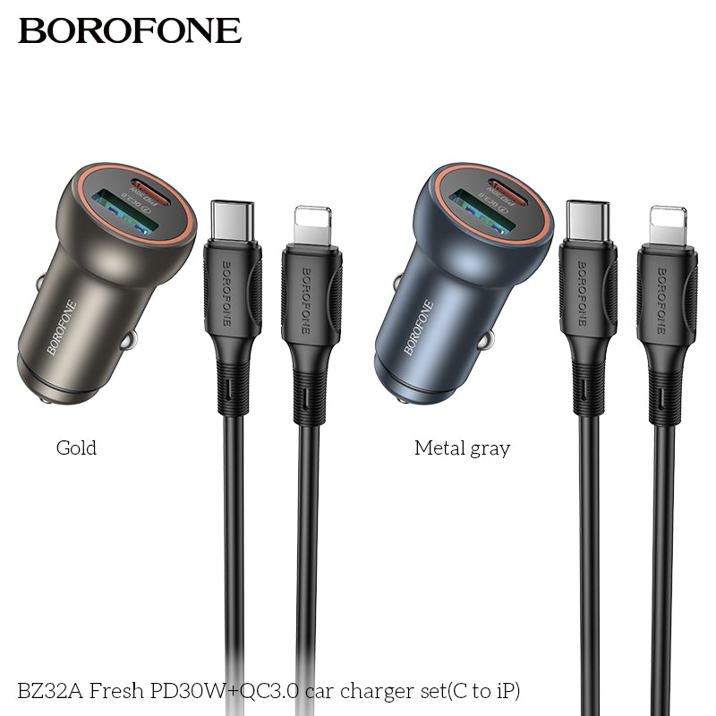 BZ32A Fresh 30W PD + QC3.0 Fast Car Charger Set with USB-C to iPhone Cable