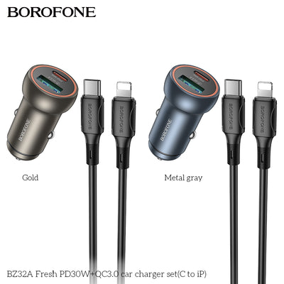 BZ32A Fresh 30W PD + QC3.0 Fast Car Charger Set with USB-C to iPhone Cable
