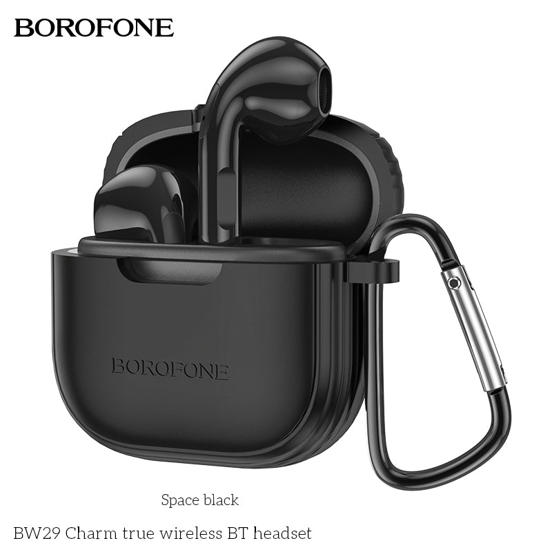 Black wireless Bluetooth headset in charging case with carabiner,