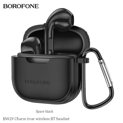 Black wireless Bluetooth headset in charging case with carabiner,