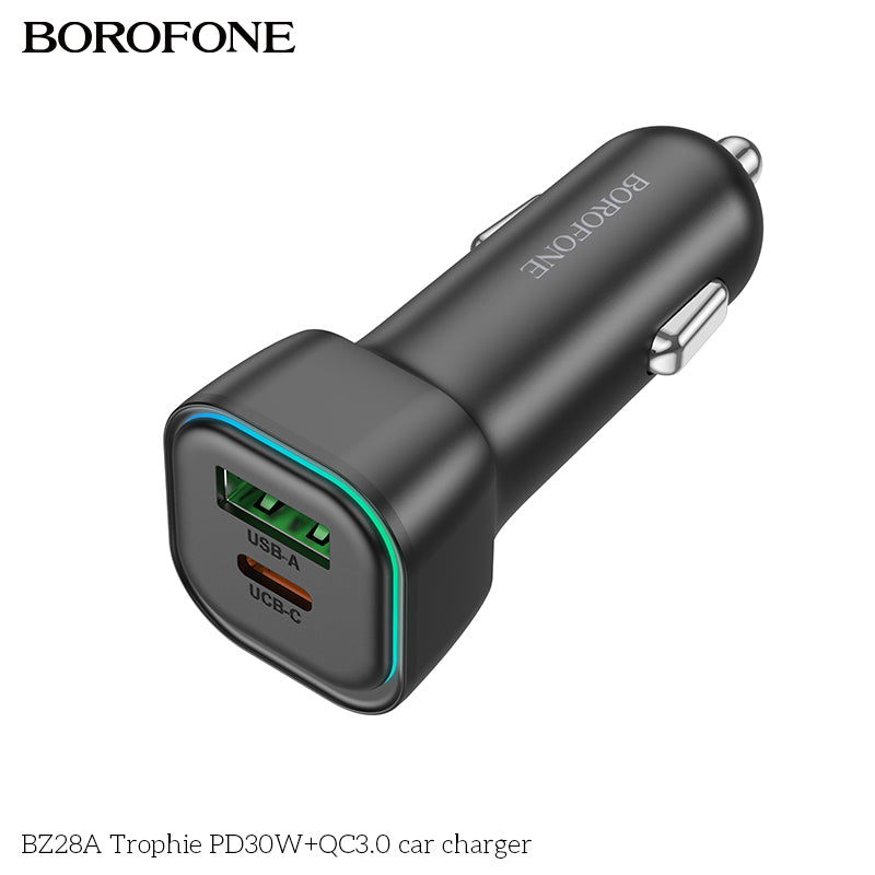 BZ28A Trophie 30W PD + QC3.0 Fast Car Charger – Dual USB Car Adapter for iPhone & Android