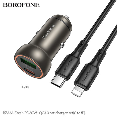 BZ32A Fresh 30W PD + QC3.0 Fast Car Charger Set with USB-C to iPhone Cable