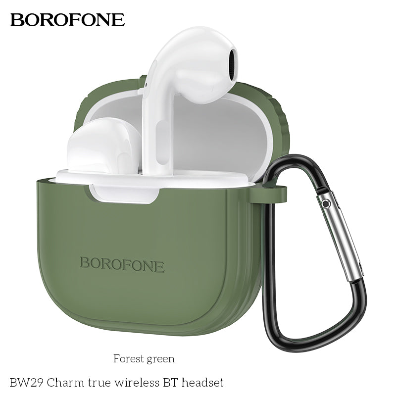 Green Borofone wireless headset case with earbuds