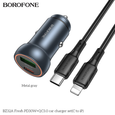 BZ32A Fresh 30W PD + QC3.0 Fast Car Charger Set with USB-C to iPhone Cable