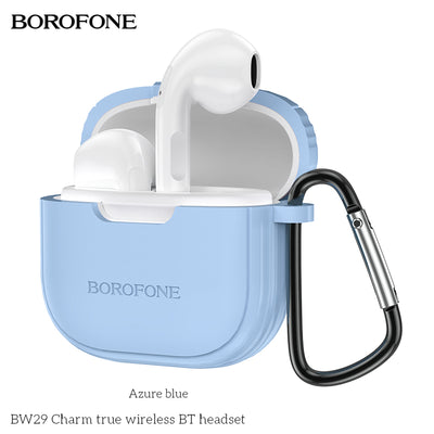 Blue wireless earbud case with carabiner and white earbuds