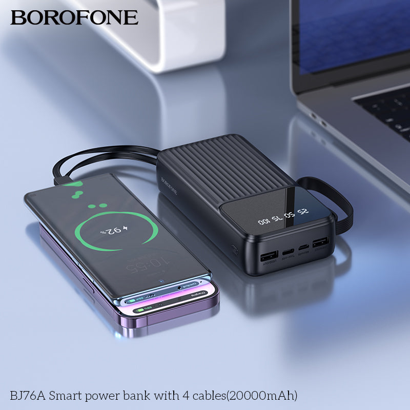 BJ76A Smart 20000mAh Power Bank with 4 Built-in Cables – Fast & Reliable