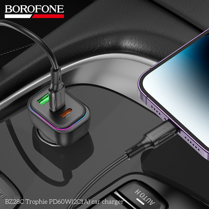 BZ28C Trophie 60W PD Fast Car Charger (2C1A) – Triple Port USB Car Adapter for iPhone & Android