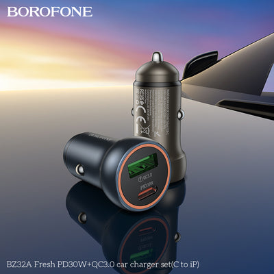 BZ32A Fresh 30W PD + QC3.0 Fast Car Charger Set with USB-C to iPhone Cable