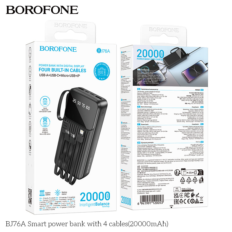 BJ76A Smart 20000mAh Power Bank with 4 Built-in Cables – Fast & Reliable