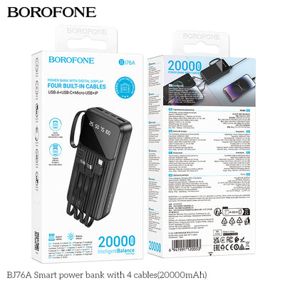 BJ76A Smart 20000mAh Power Bank with 4 Built-in Cables – Fast & Reliable
