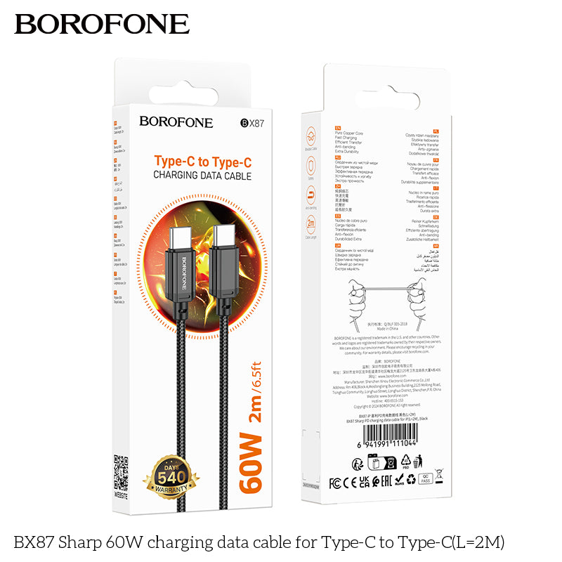 BX87 Sharp 60W USB-C to USB-C Fast Charging Data Cable 2M for Laptop, Tablet & Phone