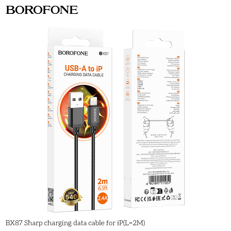 BX87 Sharp iPhone Charging Data Cable 2M Fast Charger for iPad & iPhone