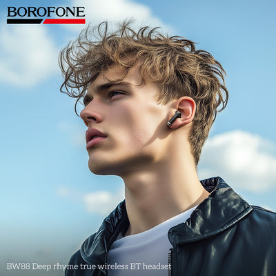 Man wearing a Borofone wireless BT headset