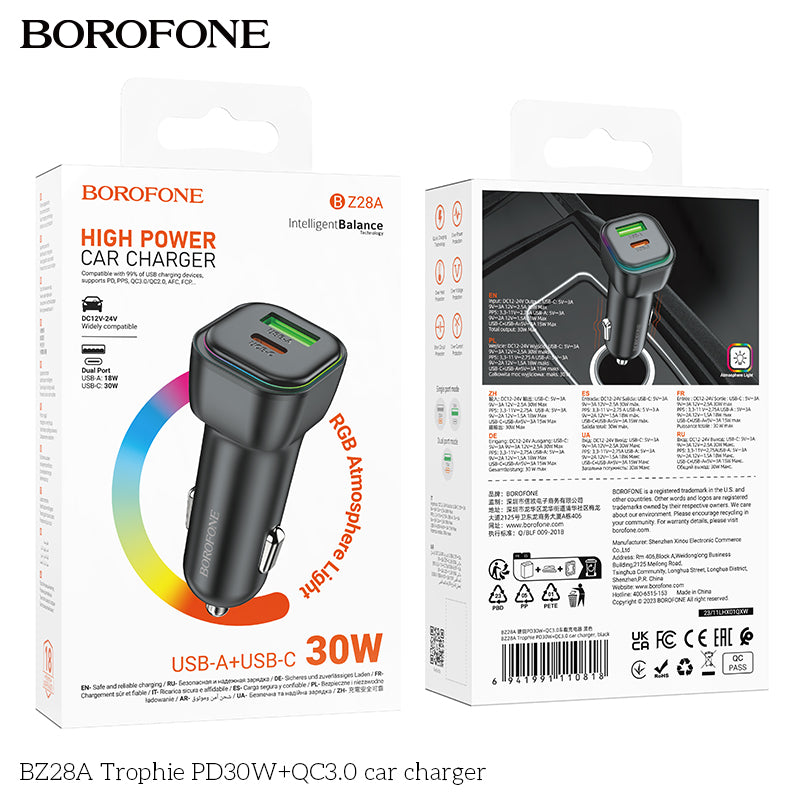 BZ28A Trophie 30W PD + QC3.0 Fast Car Charger – Dual USB Car Adapter for iPhone & Android
