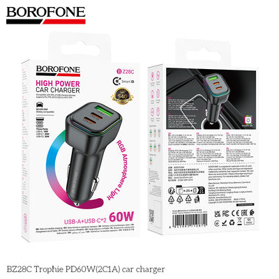 BZ28C Trophie 60W PD Fast Car Charger (2C1A) – Triple Port USB Car Adapter for iPhone & Android