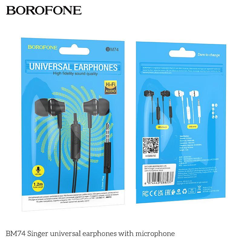 BM74 Singer Universal Earphones with Mic – Powerful Sound, Everyday Comfort