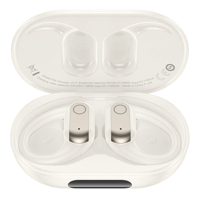 White wireless earbuds with charging case on a white background
