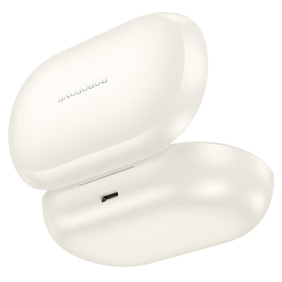 White wireless earbuds case with 'Jabra' branding on a white background