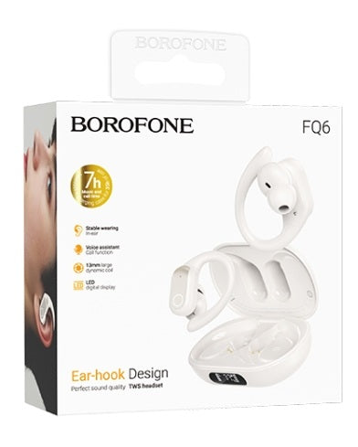 Borofone FQ6 earbud packaging with earbud illustration on a white background