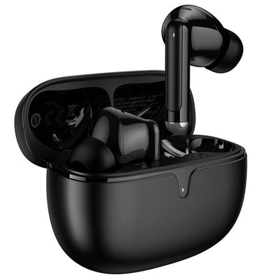 Black wireless earbuds with charging case 