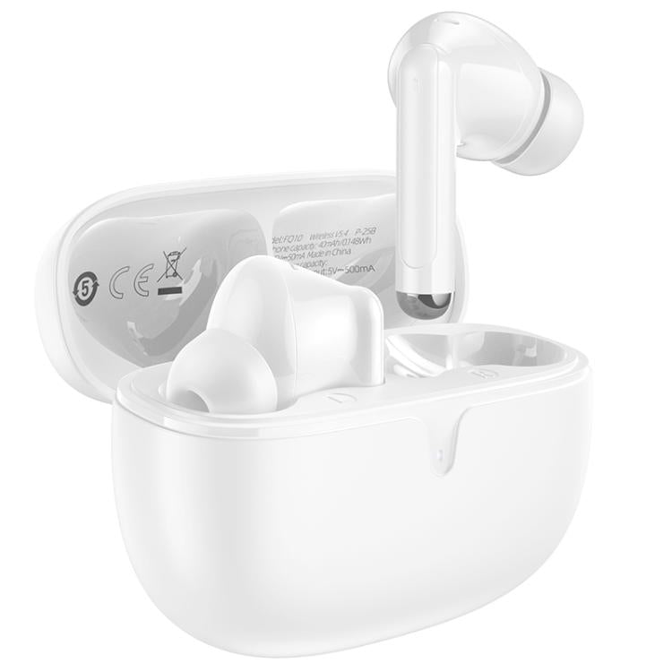 White wireless earbuds with charging case on a white background