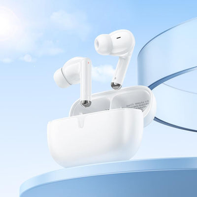 White wireless earbuds with charging case 