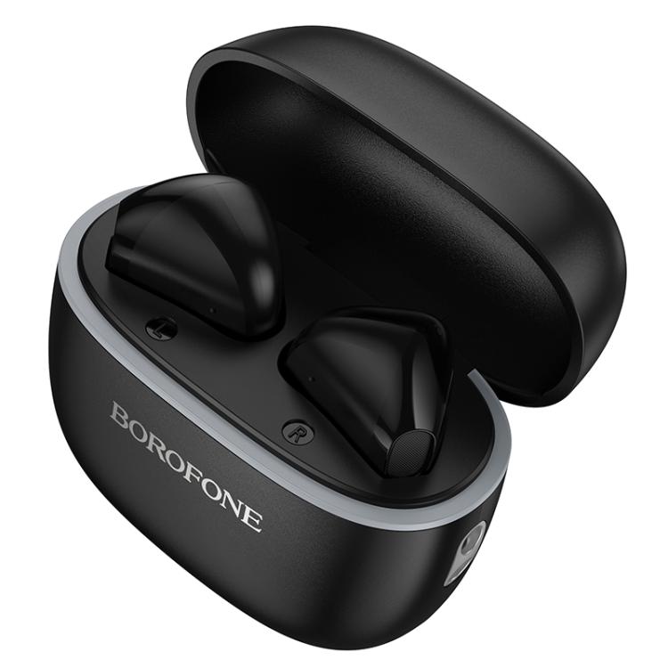 Black wireless earbuds with charging case on a white background, featuring the Borofone brand.