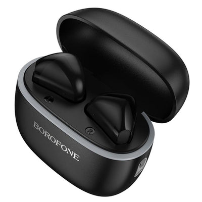 Black wireless earbuds with charging case on a white background, featuring the Borofone brand.
