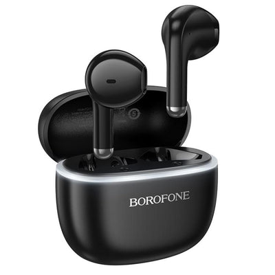 Black wireless earbuds with charging case 