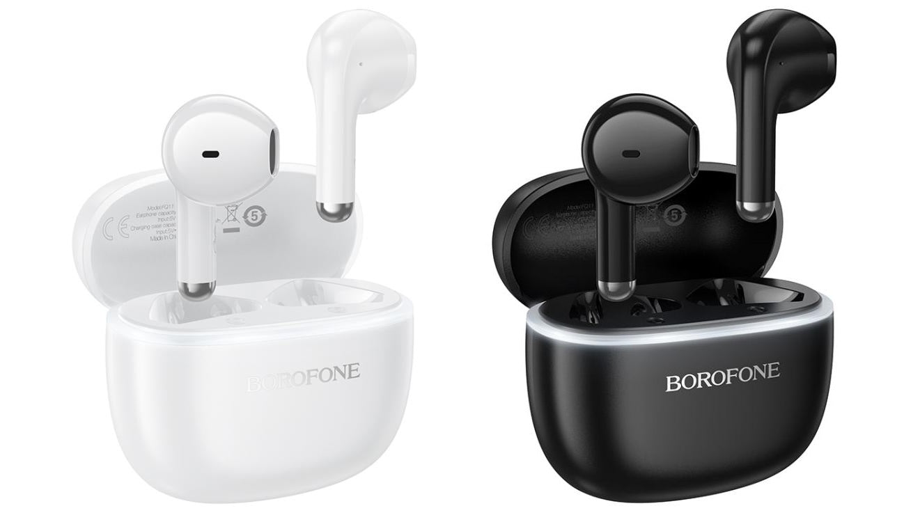 Wireless earbuds with white charging case and black charging case on a white background, featuring the Borofone brand.
