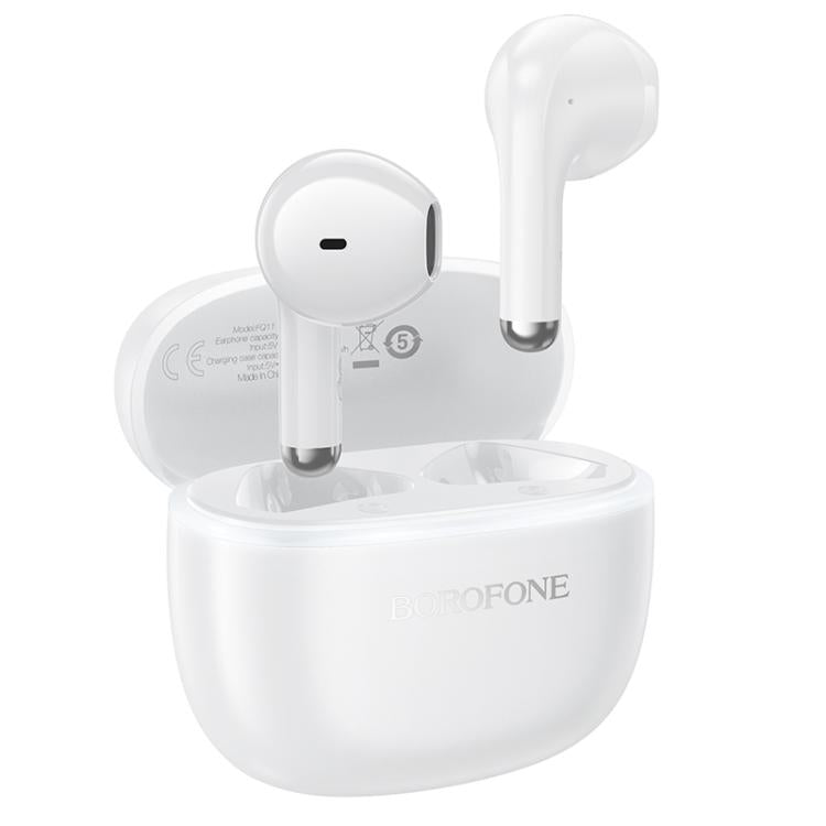 White wireless earbuds with charging case on a white background
