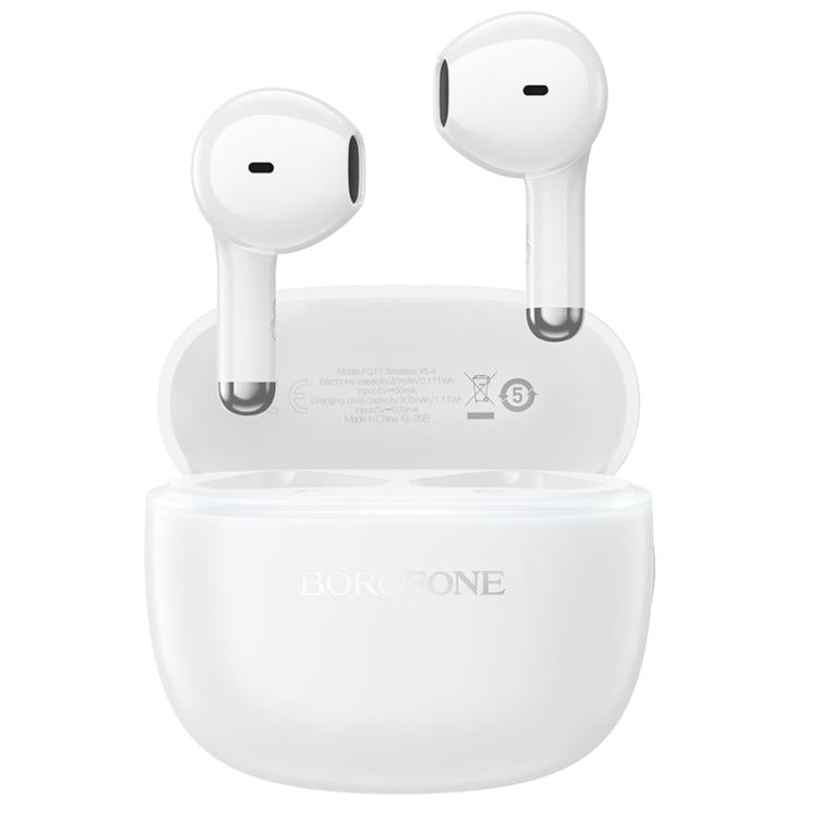 Wireless earbuds with charging case on a white background
