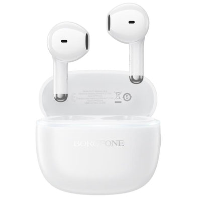 Wireless earbuds with charging case on a white background