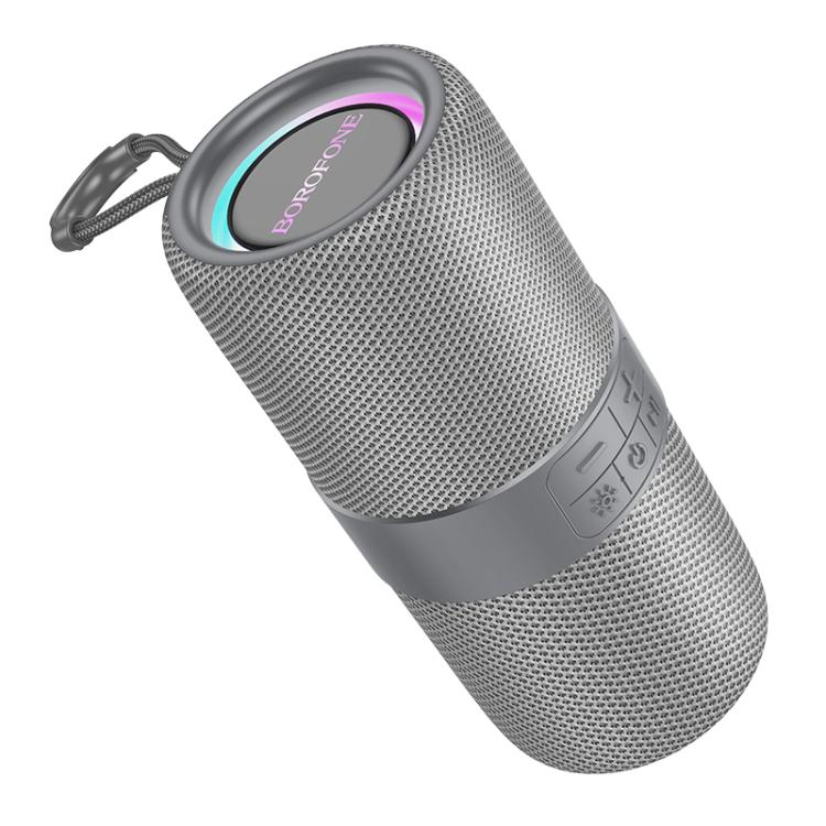 Gray portable speaker with visible brand logo 