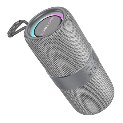 Gray portable speaker with visible brand logo 