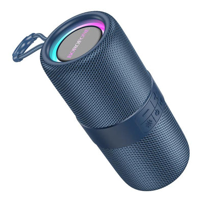 Blue portable speaker with colorful lighting