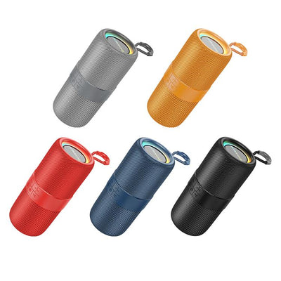 Five portable speakers in different colors