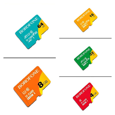 Set of BOROFONE branded microSD cards in various colors and capacities on a white background.