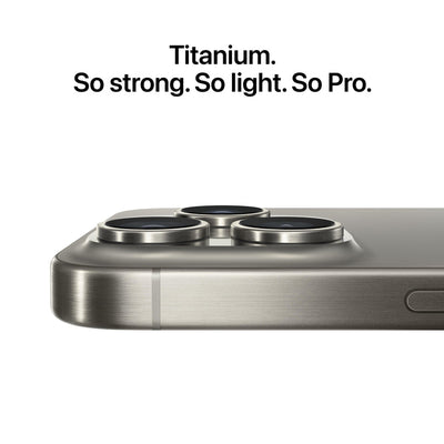 Close-up of a iPhone 15 Pro Max with titanium finish, emphasizing strength and lightness.