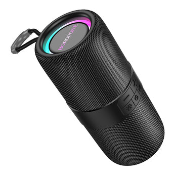 Black portable speaker with visible brand name 
